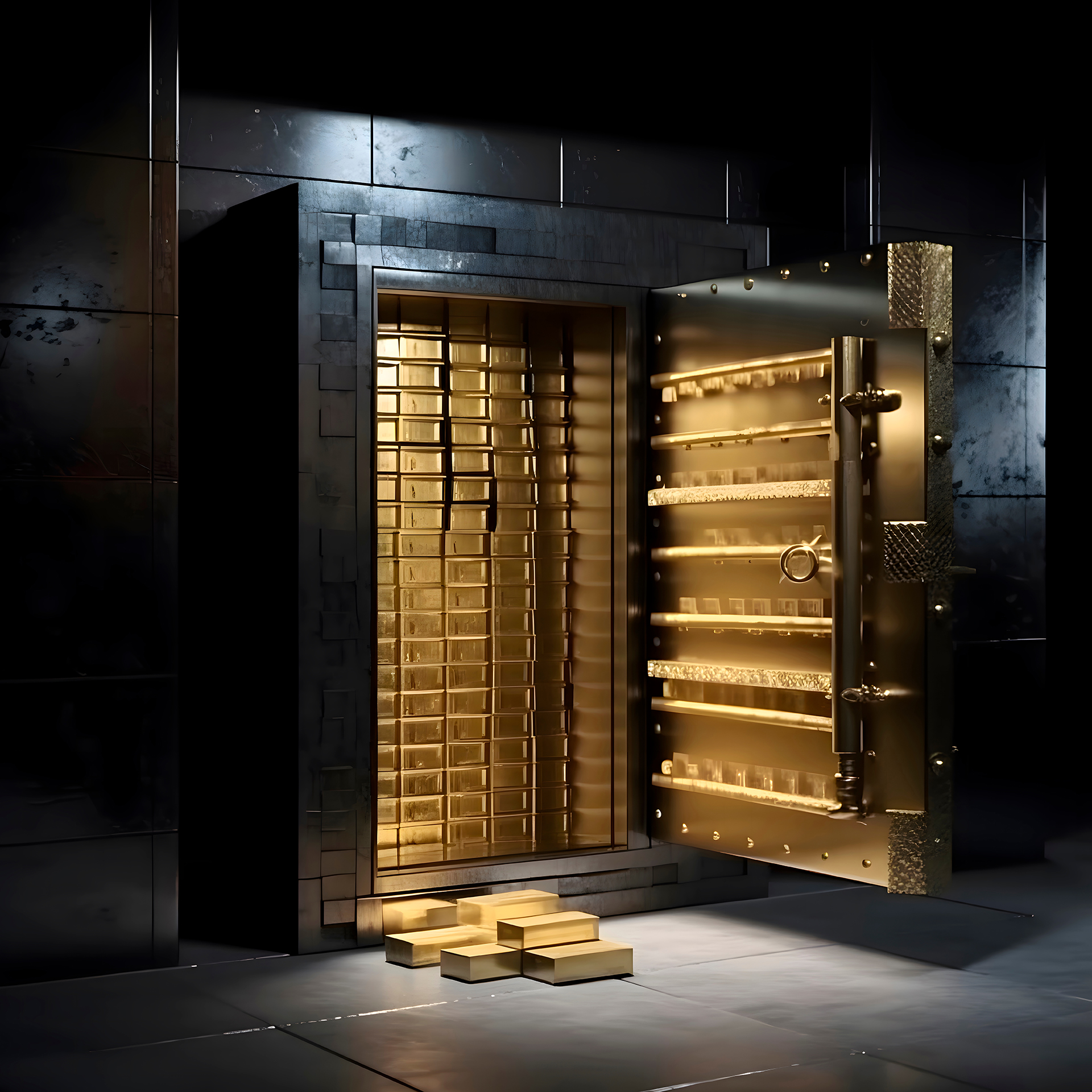 Safe box font view with gold bars inside on black background. Op